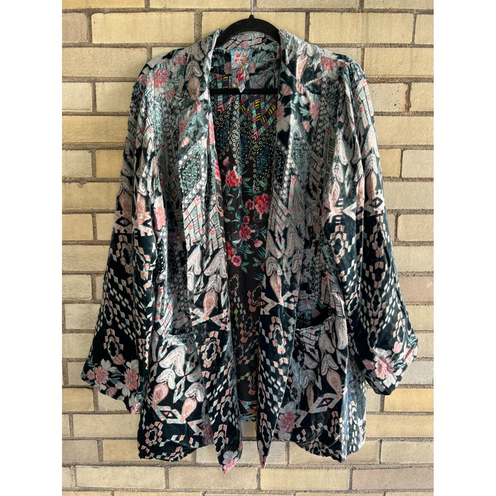 Johnny Was Velvet Silk Blend Blazer Jacket Boho Floral Burnout Teal Size XL